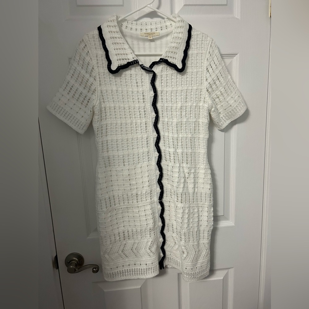 Rebellion Textured White Mini Dress with Black Trim